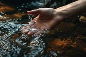 Foto gratuita vista de una mano realista tocando el agua clara que fluye