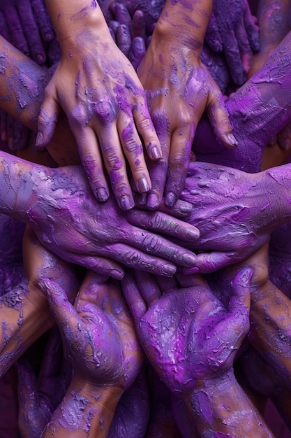 Vista de las manos pintadas de púrpura para la celebración del día de la mujer