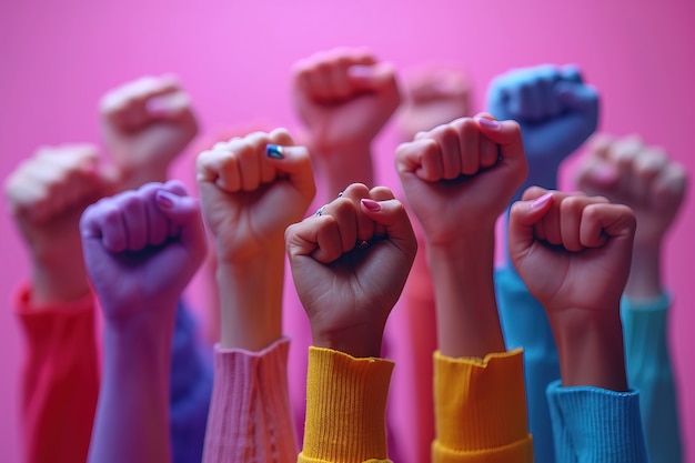 Vista de manos con los puños en alto para la celebración del Día de la Mujer