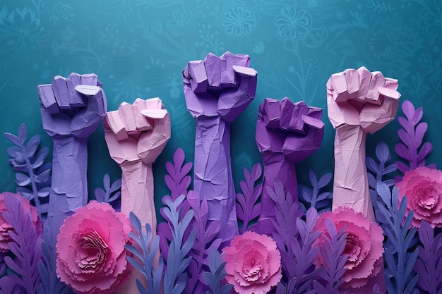 Vista de manos con los puños en alto para la celebración del Día de la Mujer