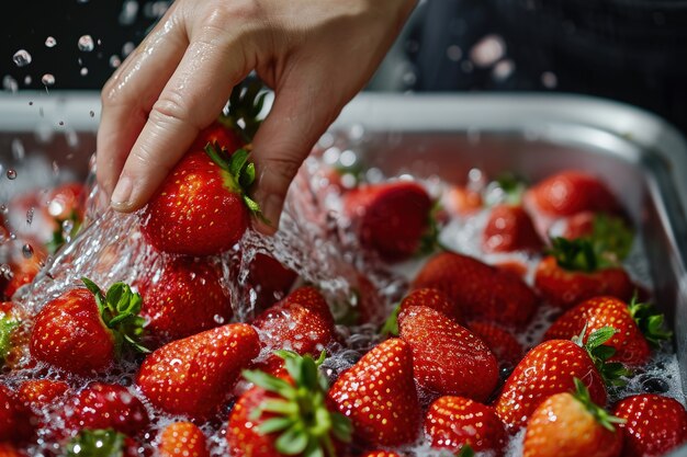 Vista de manos realistas lavando frutas en agua clara que fluye