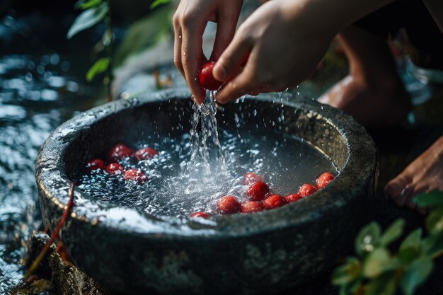 Vista de manos realistas lavando frutas en agua clara que fluye