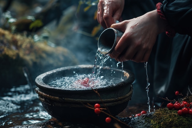 Foto gratuita vista de manos realistas lavando frutas en agua clara que fluye