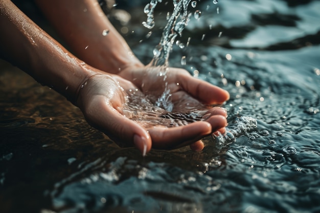 Foto gratuita vista de manos realistas tocando el agua clara que fluye