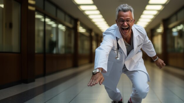 Vista de un médico gracioso en patines de rodillos