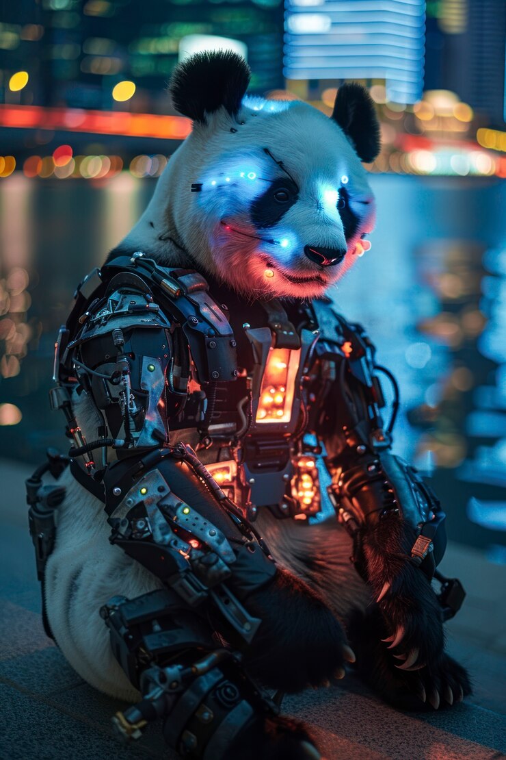Foto gratuito vista de medio robot medio oso panda con partes futuristas