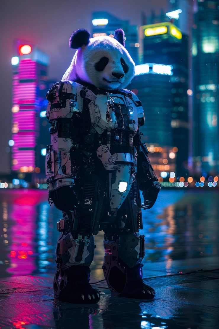 Foto gratuito vista de medio robot medio oso panda con partes futuristas