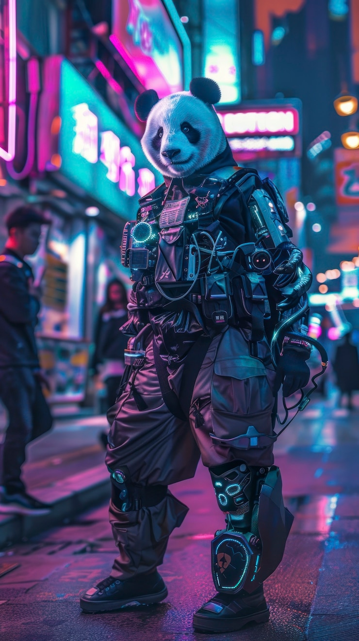 Foto gratuito vista de medio robot medio oso panda con partes futuristas
