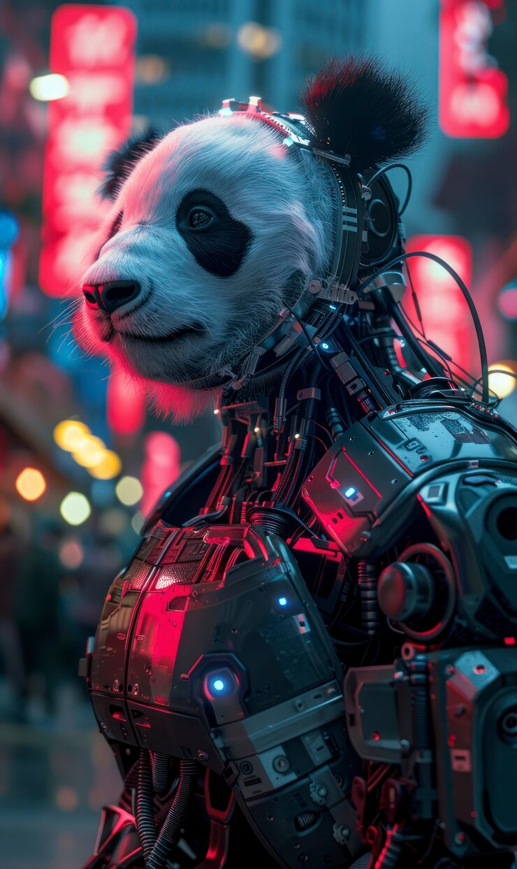 Foto gratuito vista de medio robot medio oso panda con partes futuristas