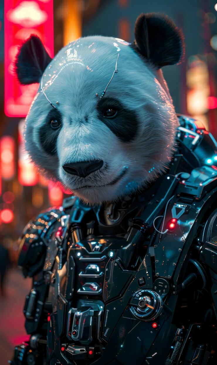 Foto gratuito vista de medio robot medio oso panda con partes futuristas