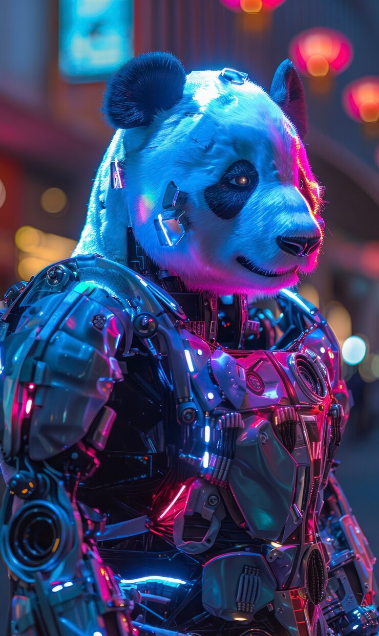 Foto gratuito vista de medio robot medio oso panda con partes futuristas