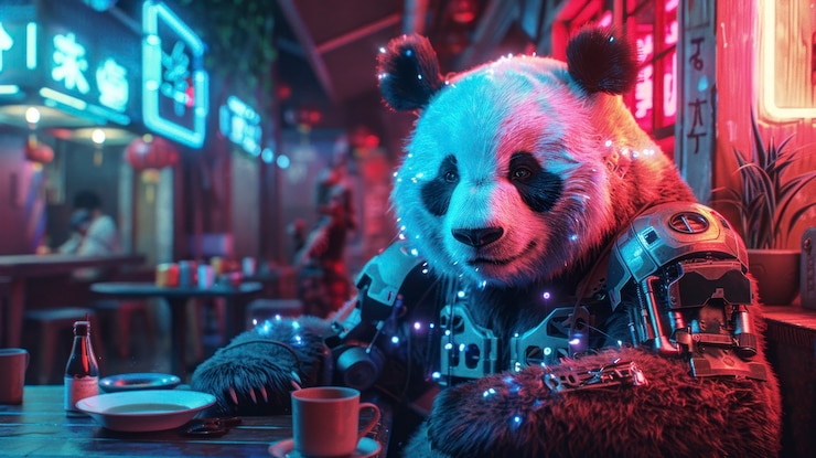 Foto gratuito vista de medio robot medio oso panda con partes futuristas