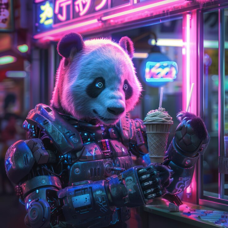 Foto gratuito vista de medio robot medio oso panda con partes futuristas