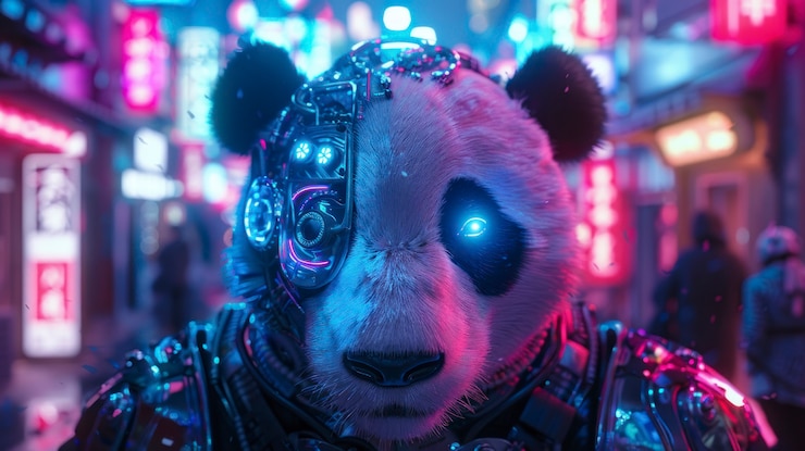 Foto gratuito vista de medio robot medio oso panda con partes futuristas