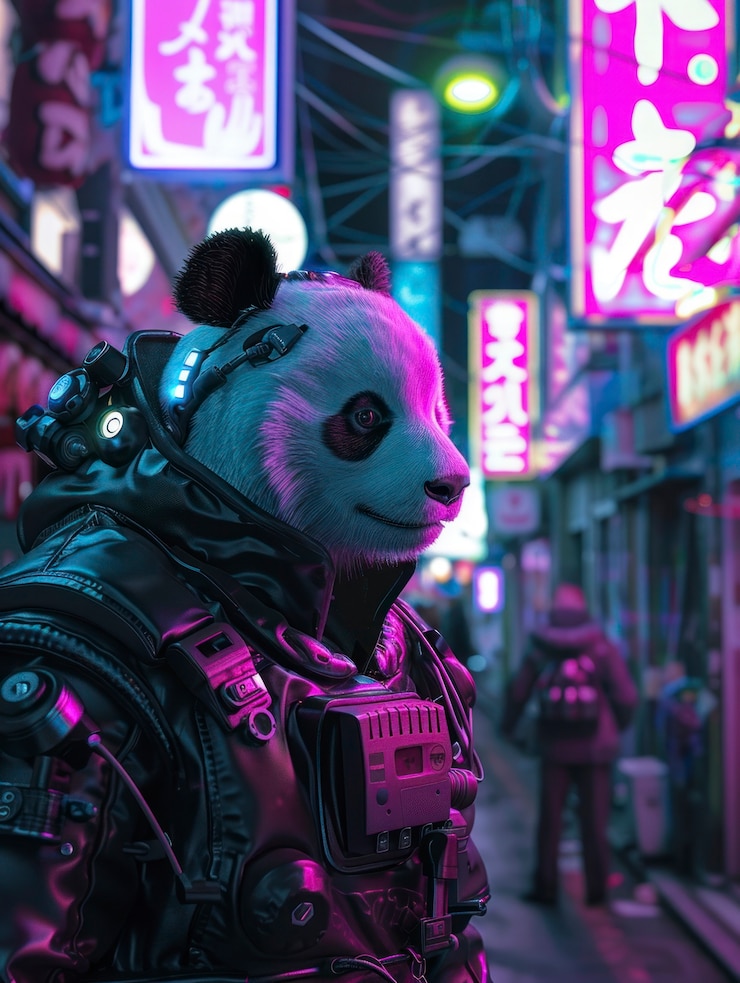 Foto gratuito vista de medio robot medio oso panda con partes futuristas