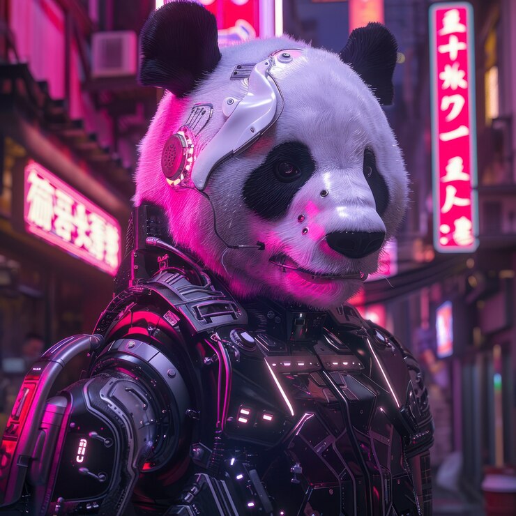 Foto gratuito vista de medio robot medio oso panda con partes futuristas