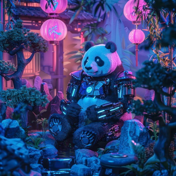 Foto gratuito vista de medio robot medio oso panda con partes futuristas