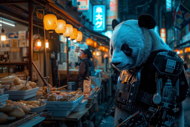 Foto gratuito vista de medio robot medio oso panda con partes futuristas
