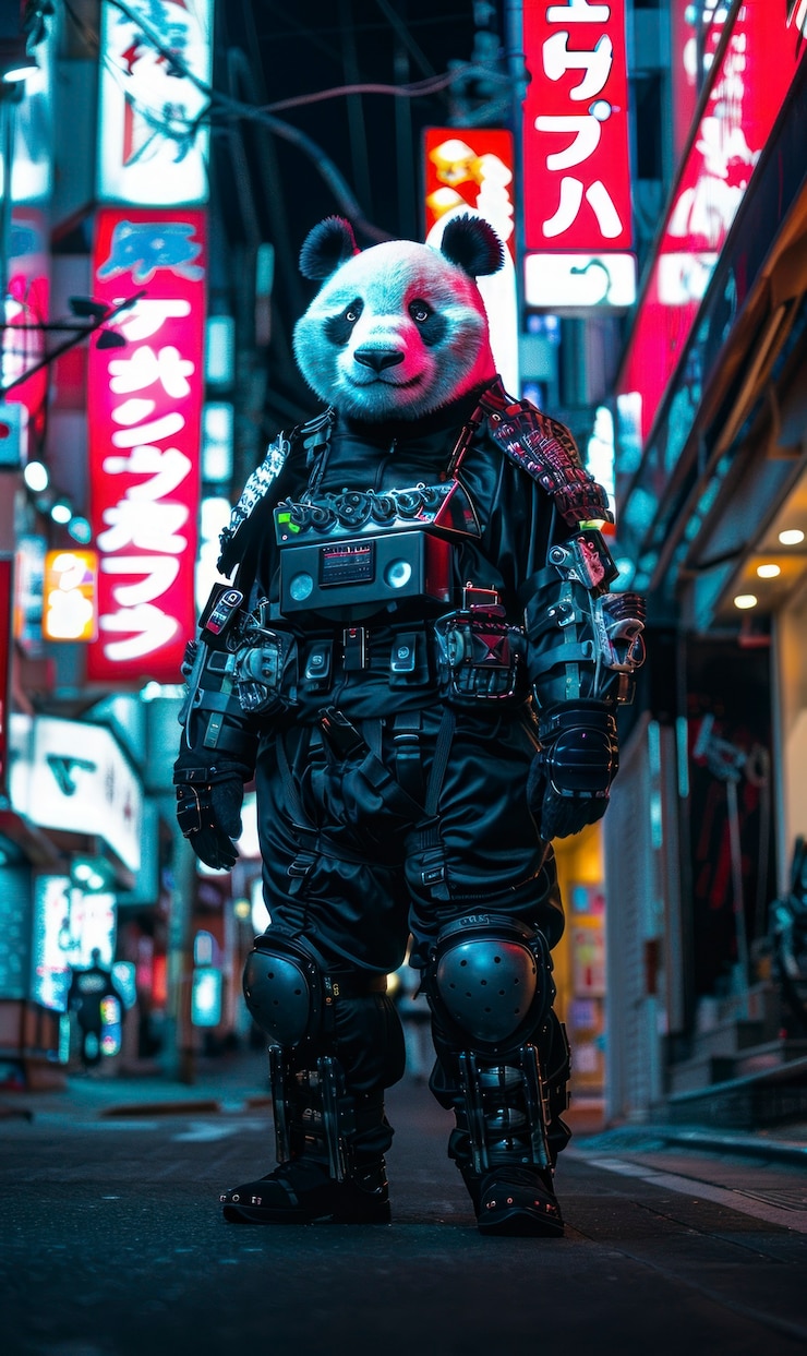 Foto gratuito vista de medio robot medio oso panda con partes futuristas