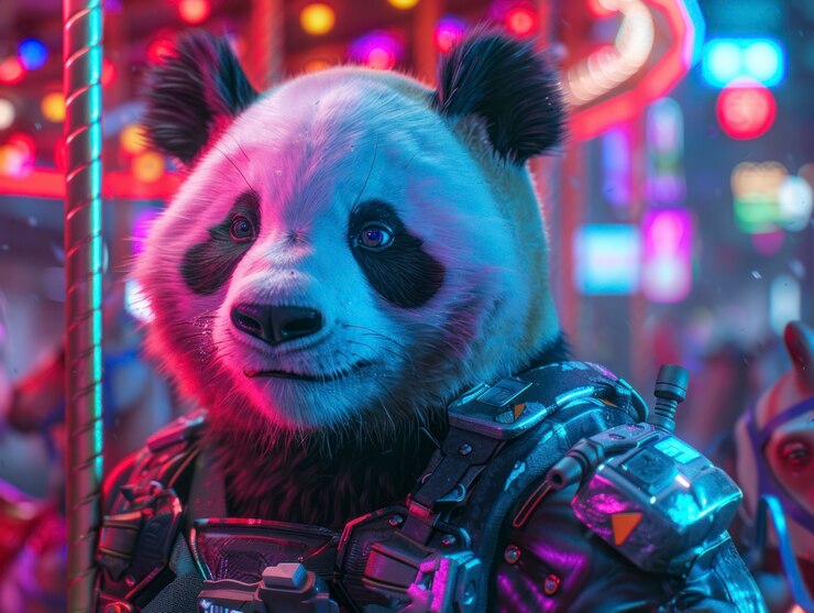 Foto gratuito vista de medio robot medio oso panda con partes futuristas