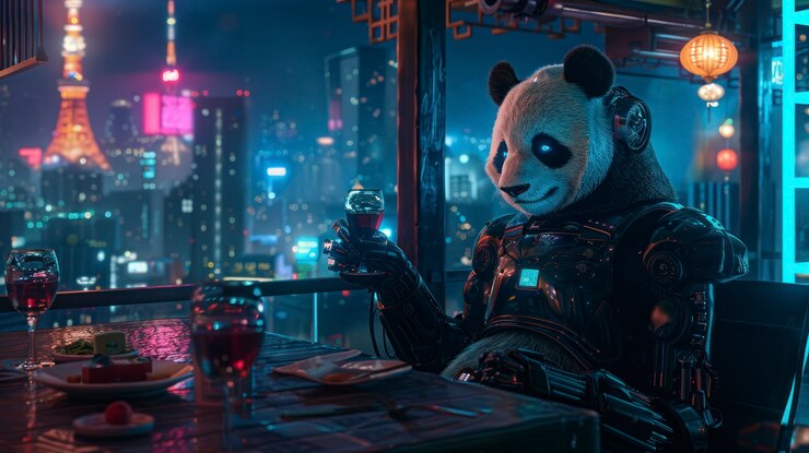 Foto gratuito vista de medio robot medio oso panda con partes futuristas