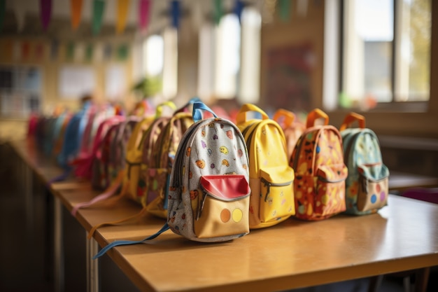 Vista de mochilas en el aula de la escuela