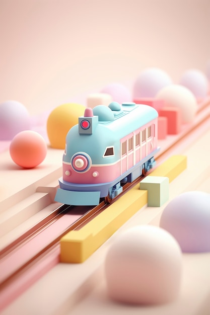 Foto gratuita vista del modelo de tren 3d con un fondo de color simple