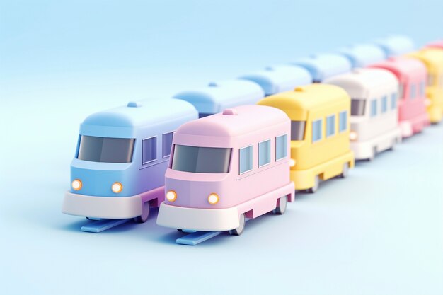 Vista del modelo de tren 3D con fondo de color simple