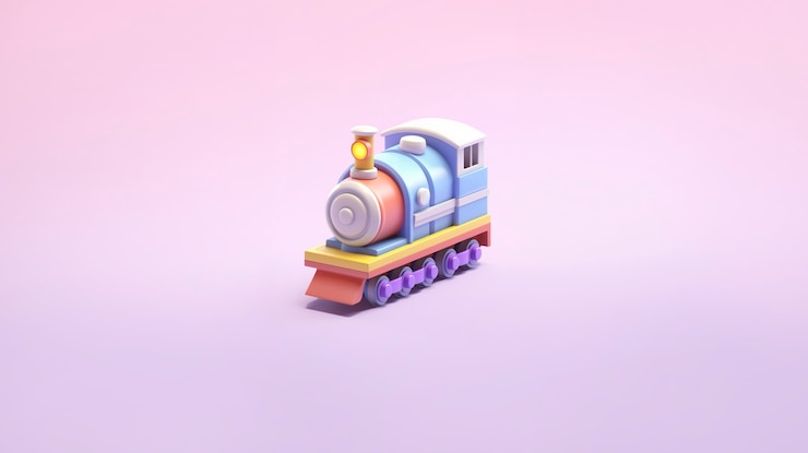 Foto gratuito vista del modelo de tren 3d con fondo de color simple