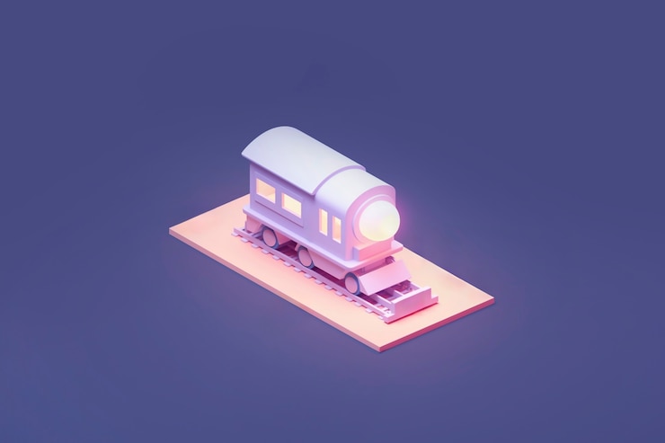 Foto gratuito vista del modelo de tren 3d con fondo de color simple