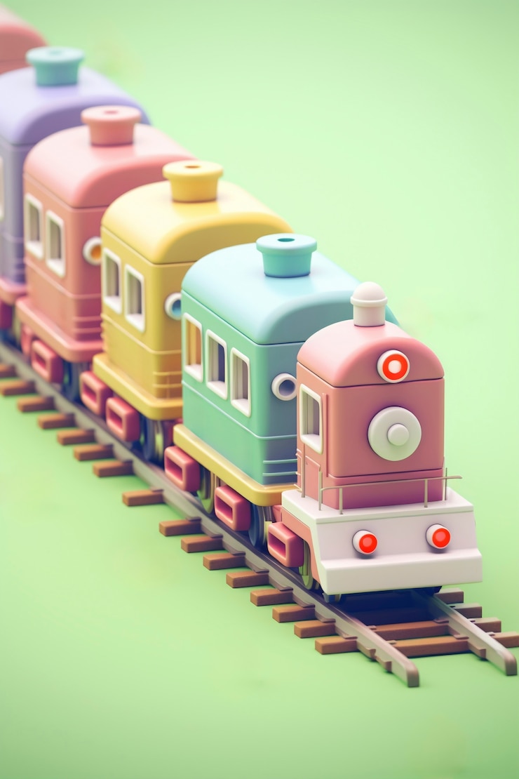 Foto gratuito vista del modelo de tren 3d con fondo de color simple