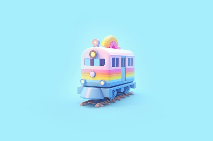 Foto gratuito vista del modelo de tren 3d con un fondo de color simple