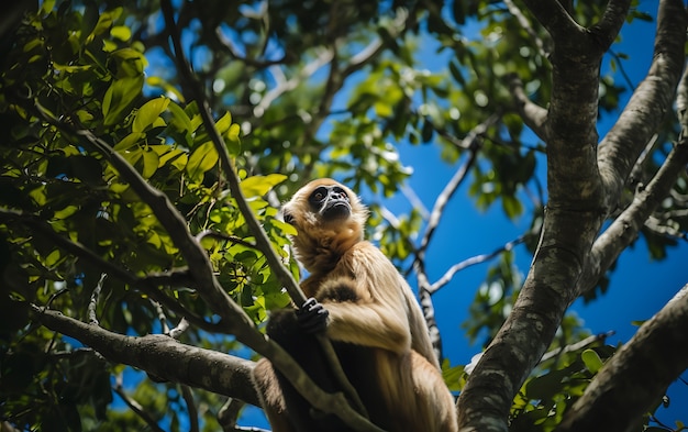 Foto gratuita vista del mono gibón salvaje en el árbol