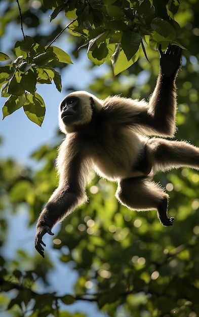 Foto gratuita vista del mono gibón salvaje en el árbol