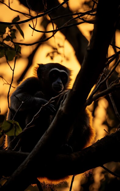 Vista del mono gibón salvaje en el árbol