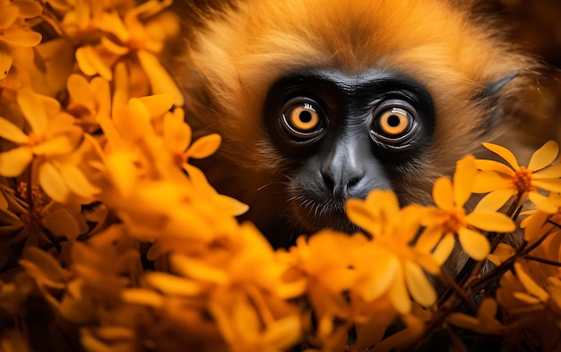 Foto gratuita vista del mono gibón salvaje en la naturaleza con flores