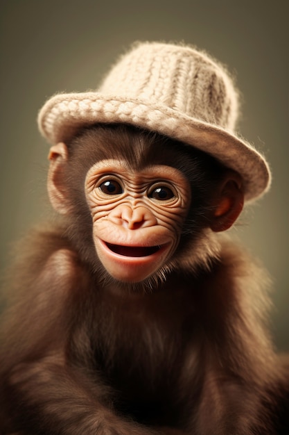 Vista de un mono gracioso con un sombrero de ganchillo