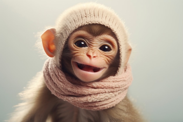 Vista de un mono gracioso con un sombrero de ganchillo