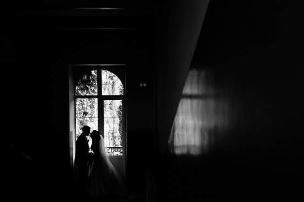 Vista monocroma de la silueta de la pareja de novios que casi se besa cerca de la ventana