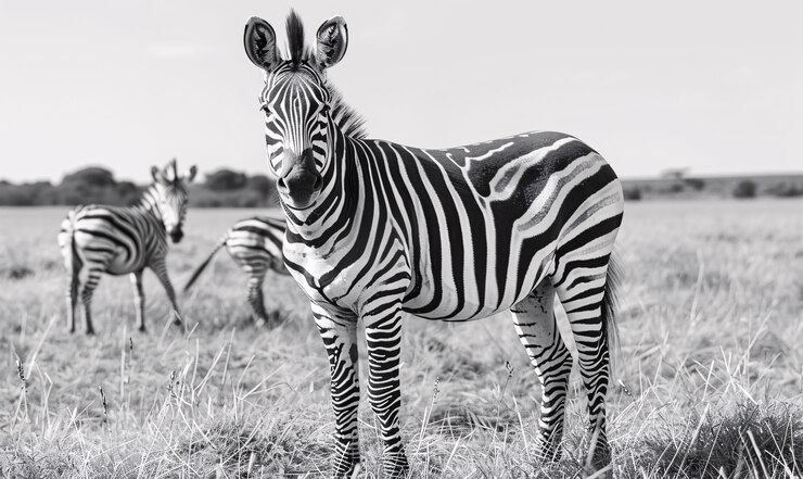 Foto gratuito vista monocromática de una cebra silvestre con pelaje a rayas