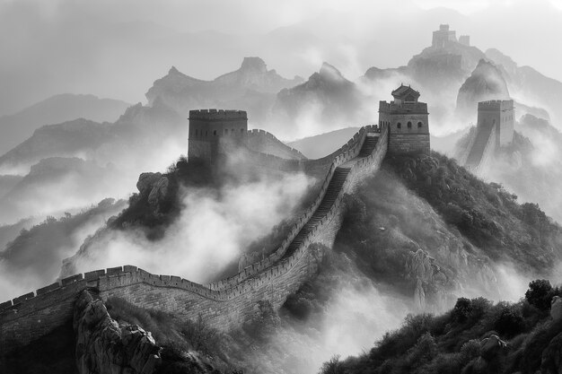 Vista monocromática de la Gran Muralla de China para el Día del Patrimonio Mundial
