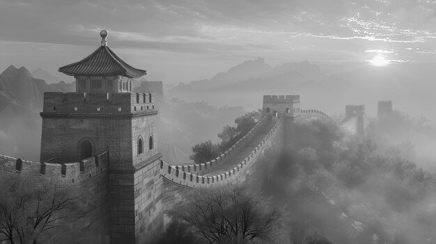 Vista monocromática de la histórica Gran Muralla de China