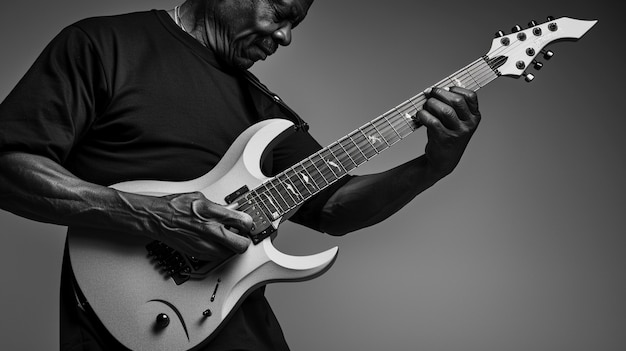 Foto gratuita vista monocromática de una persona tocando la guitarra eléctrica