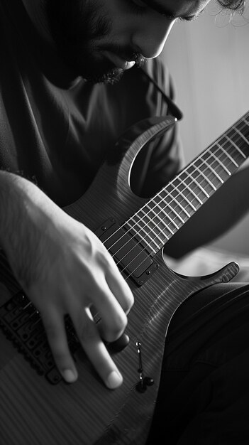 Vista monocromática de una persona tocando la guitarra eléctrica