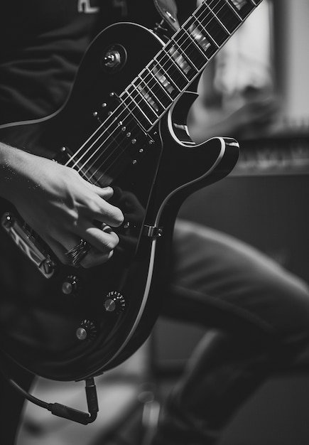 Vista monocromática de una persona tocando la guitarra eléctrica