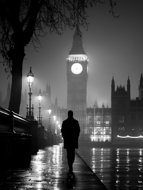 Vista monocromática del reloj Big Ben para el día del patrimonio mundial