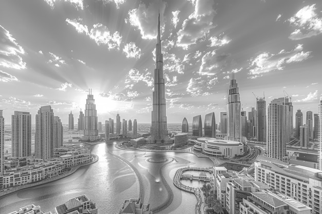 Foto gratuita vista monocromática de las torres del burj khalifa para el día del patrimonio mundial