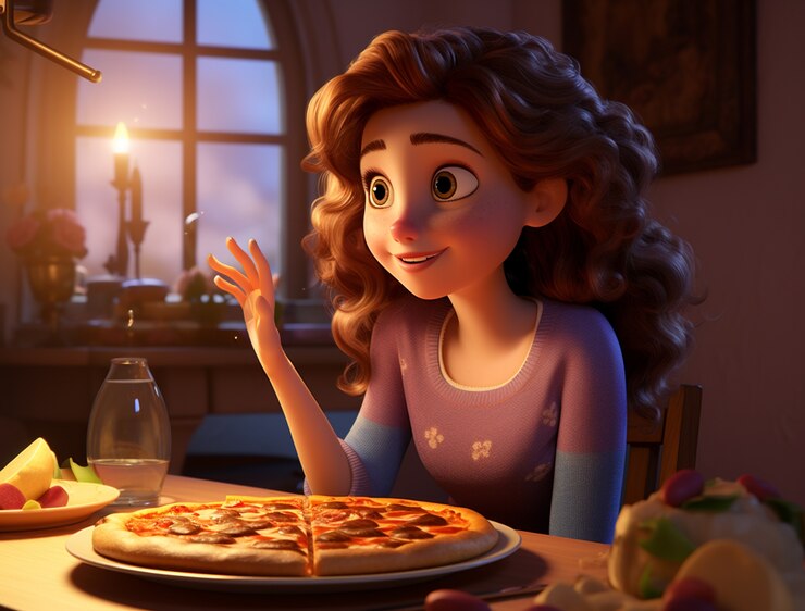 Foto gratuito vista de una mujer de dibujos animados con una deliciosa pizza en 3d