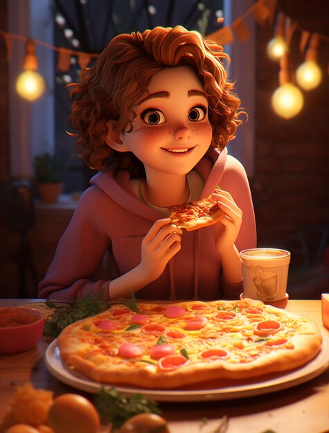 Vista de una mujer de dibujos animados con una deliciosa pizza en 3D