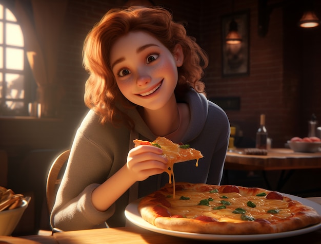 Foto gratuita vista de una mujer de dibujos animados con una deliciosa pizza en 3d